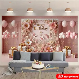2D Flat Printed Pink Gold Floral Birthday Tapestry Wall Hanging - Women's Party Photo Booth Backdrop, Romantic Home Decor Gift