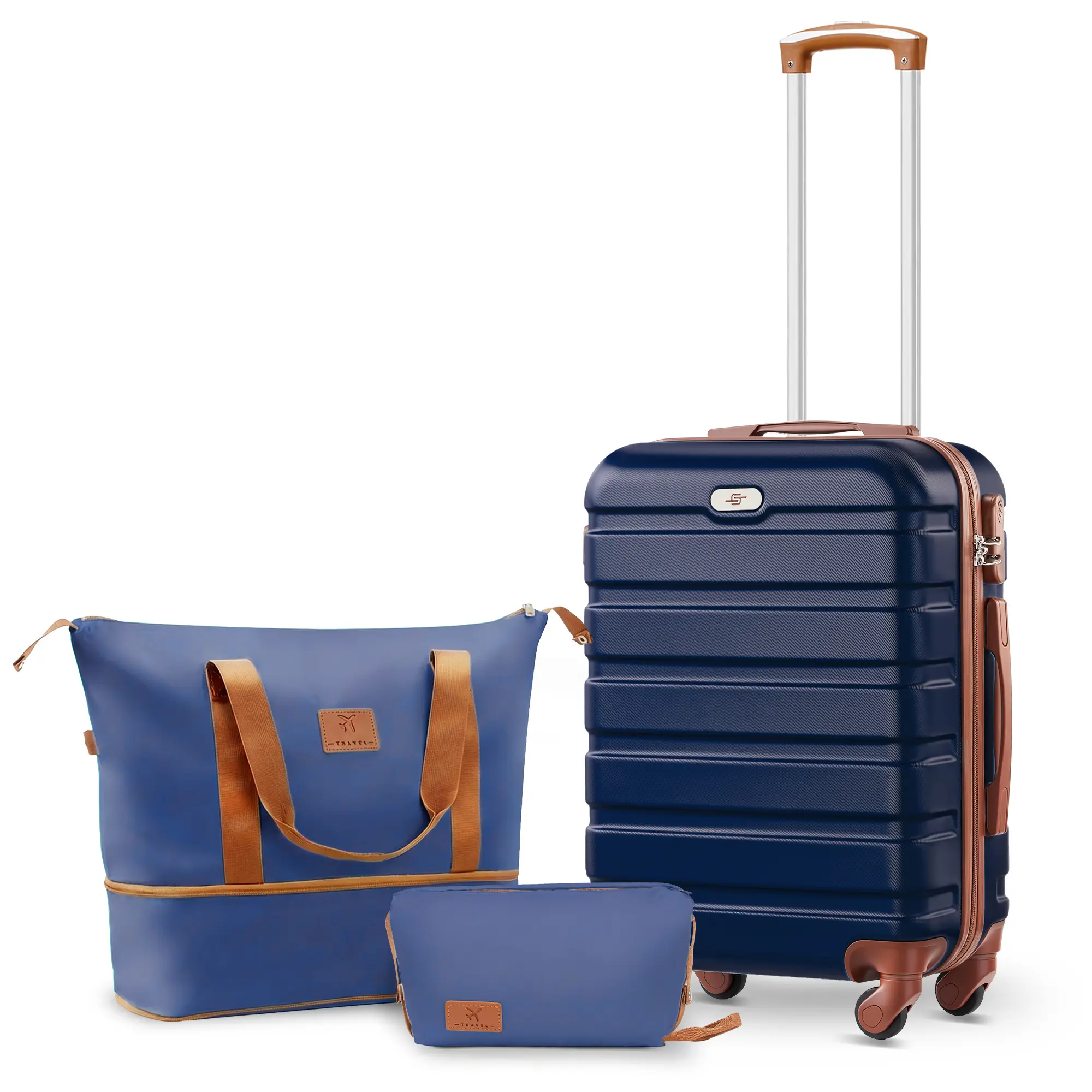 3 Piece Carry On Luggage Set 20 Inch Airline Approved Hard Shell Suitcase with Spinner Wheels, ABS Travel Suitcase with Expandable Travel Bag,Cosmetic Pouch, Perfect Travel Essential for Back To School Holiday Vacation