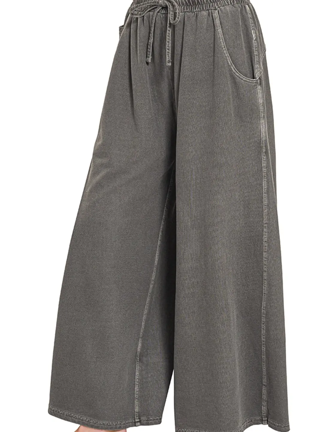 Zenana Women's Cotton French Terry Pigment-Dyed, Enzyme-Washed Dark Gray Drawstring Pants with Pockets & Inner Pockets - Women's Bottoms Clothing