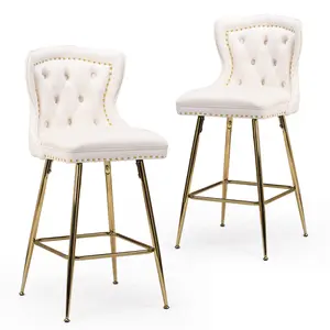 Bar Stools Set of 2, Velvet Counter Height Bar Stools with Metal Legs, Button Tufted and Nailheads Trim, Wing-Back Bar Chairs for Kitchen Island Dining Room Pub