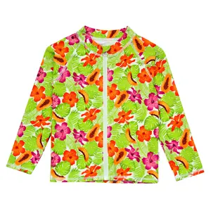Kids UPF 50+ Long Sleeve Zipper Rash Guard Swim Shirt | "Hibiscus"