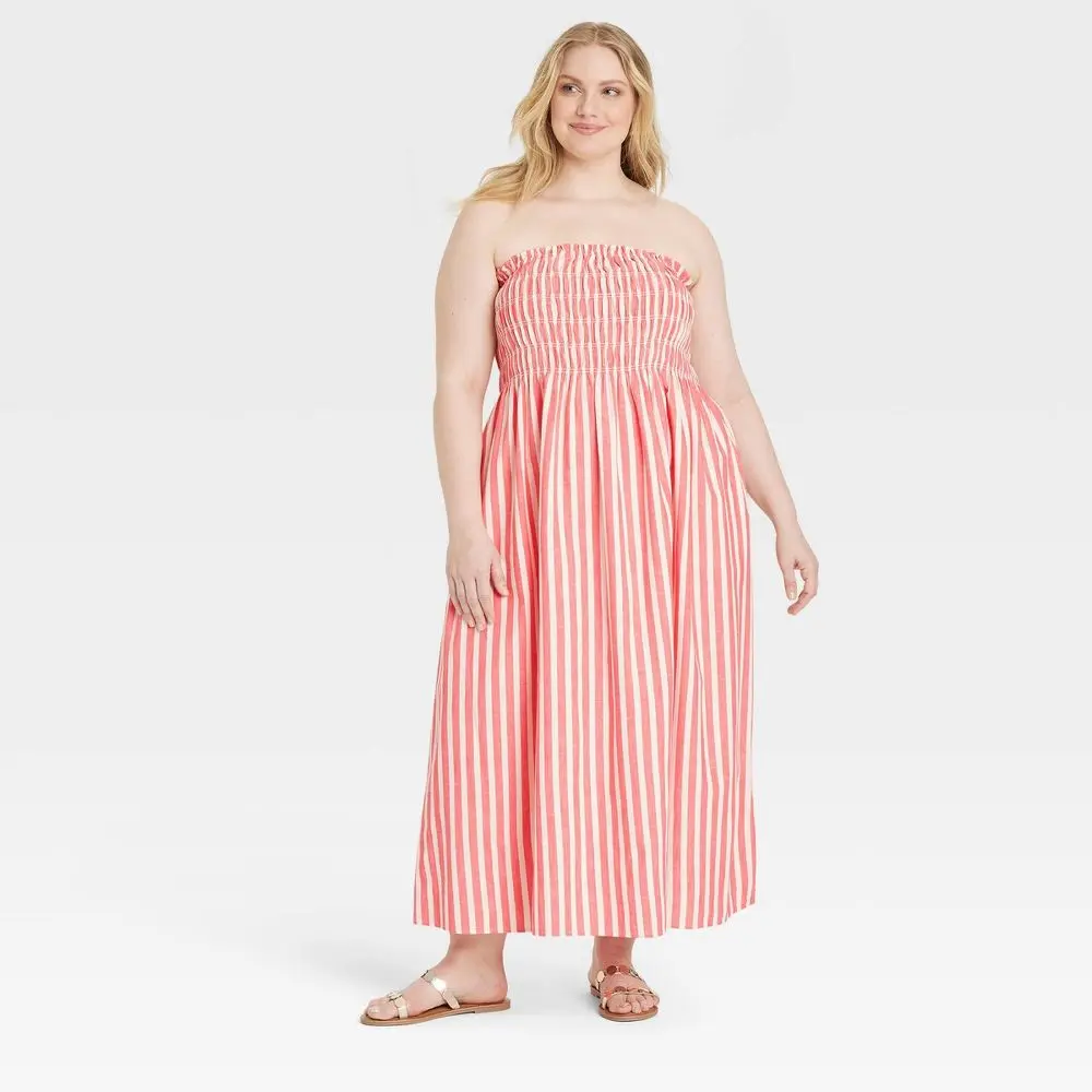 Women's Midi A-Line Dress - Universal Thread Coral Red Striped XXL: Cotton Rayon Blend Backless Pullover Side Pocket