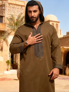 Muslim Traditional Long Robe, Deep Hooded Embroidered Zipper Decor, Loose-Fitting Arabic Casual Clothing for Men for All Seasons