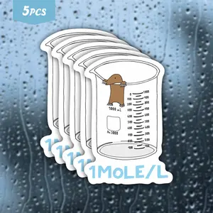 5Pcs "1 Mole/L" Beaker Mole Science Pun Waterproof Vinyl Sticker, Car Decals, Self-Adhesive Decal, Suitable For Laptops, Water Bottles, Journals, Cars, Ideal For Science Nerds, Chemistry Fans And Animal Lovers