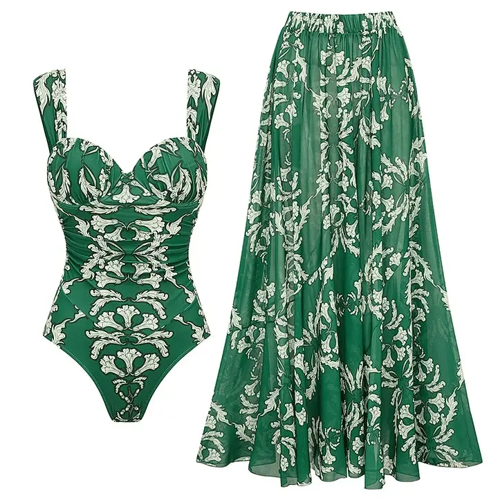 FLAXMAKER Women's Push Up Underwired Ruched Diamond Neckline Green Print One Piece Swimsuit and Matching Skirt Set Swimdress Swimwear #FallFreshness vacation outerwear clothing swim #Summervibes outdoorfun #SwimWeek tiktokshopbacktoschool