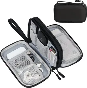 Portable Waterproof Travel Cable Organizer Pouch - Double Layer All-in-One Storage Bag for Cords, Chargers, Phone, Earphones - Black
