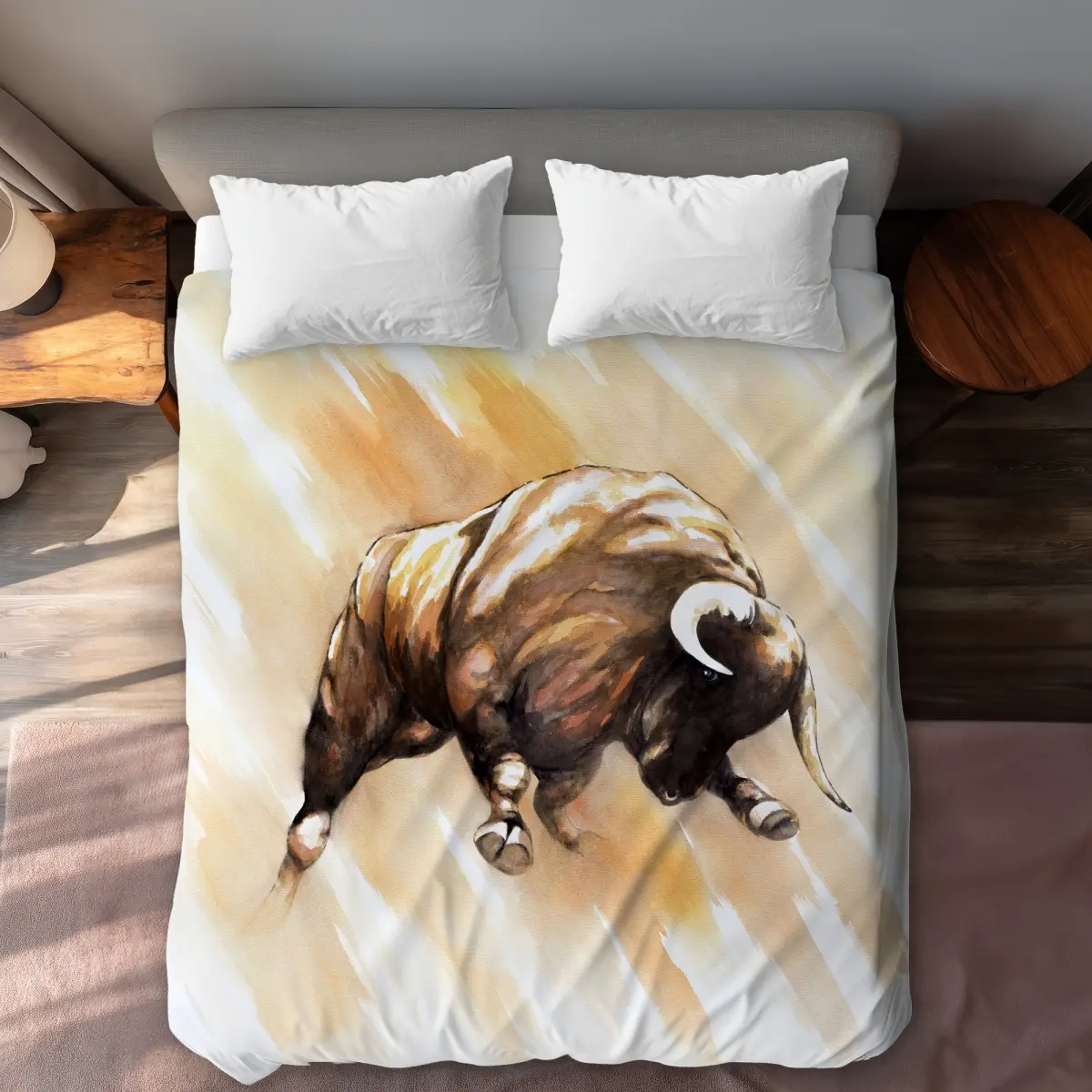 Begin Home Decor C1DCQSW0MIAWQS Western Orange Bull Design Decorative Duvet Cover, Queen Size Bed Cover, Stylish Bedding Linens Duvetcovers