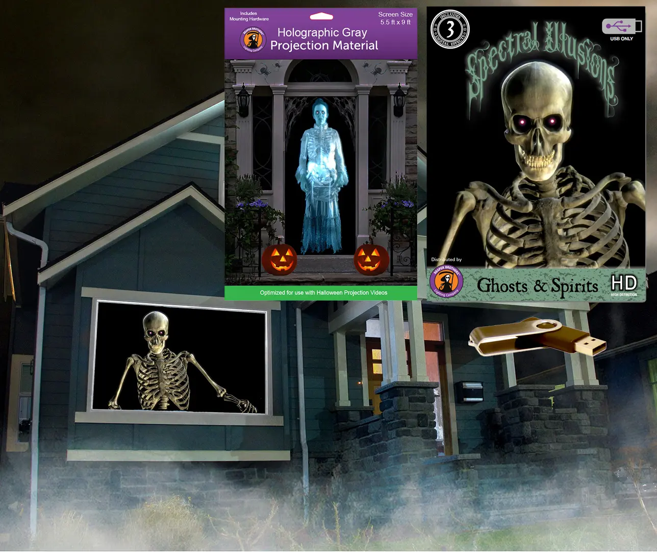 Spectral Illusions Ghosts and Spirits Halloween Digital Decoration on USB with 5.5 ft x 9 ft gray screen