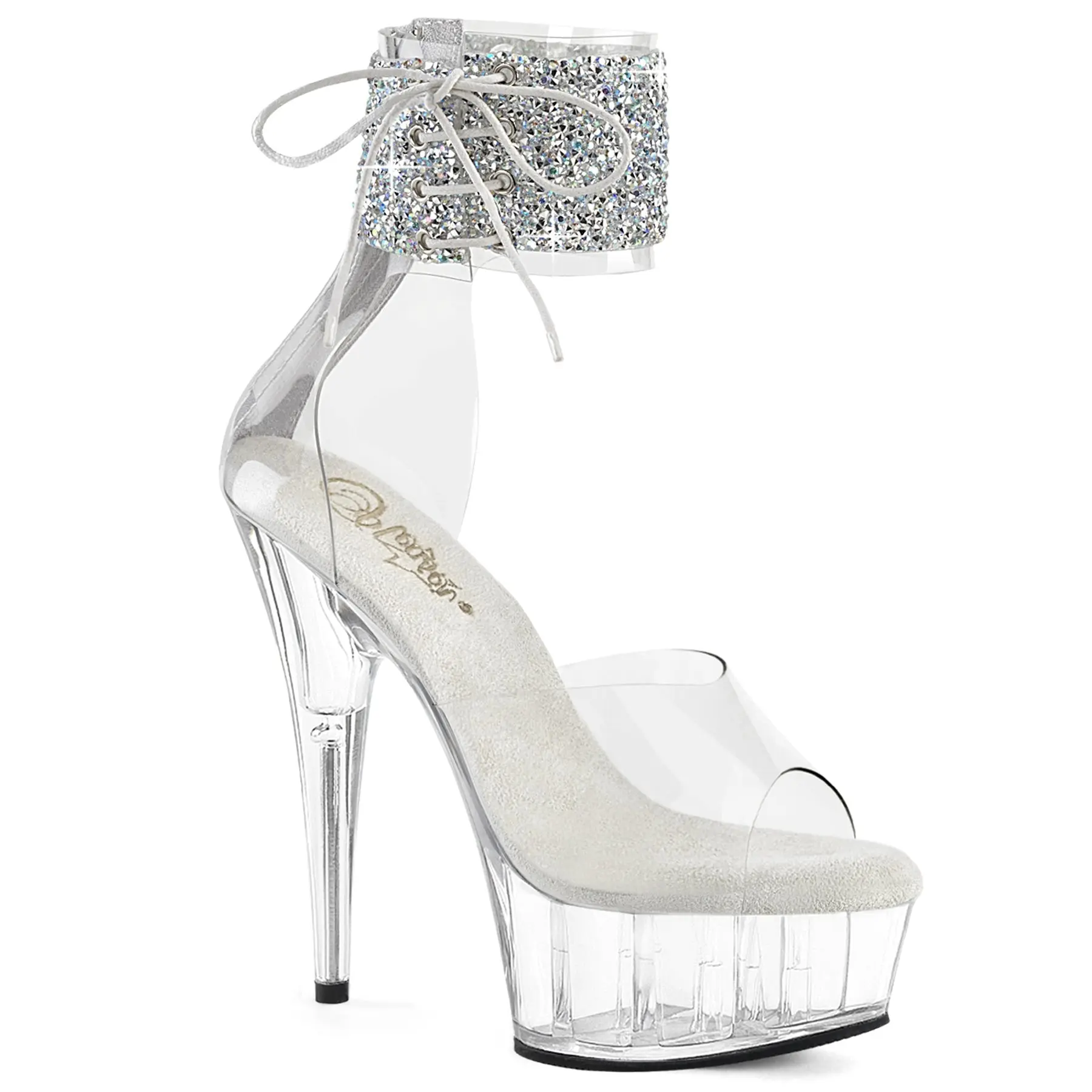 Pleaser Delight-624RS-02 Women's Lace-Up Platform High Heels - Pleaser Heels with Clear-Silver Sparkly Decor, Ankle Cuff, Evening Party All-Season Classy Footwear, Lace Up Heels