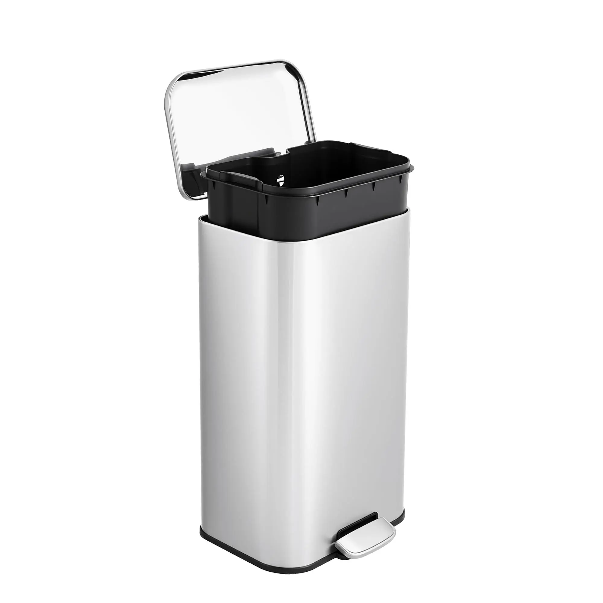 [GAOMON]8 gal Kitchen Trash Can, Step Garbage Can with Soft-Close Lid, Stainless Steel Recycling Bin with Removable Inner Bucket, Rectangular Waste Container for Living Room, Office, Silver