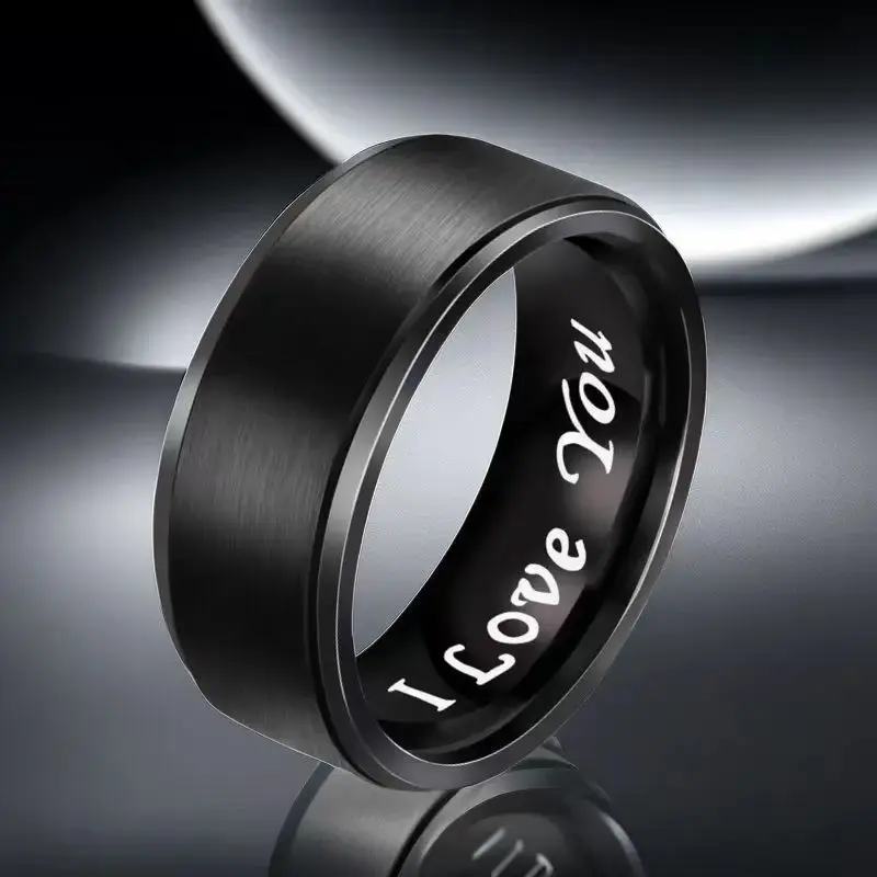 September Laurel  Male Black Tungsten Steel Band Ring - Elegant Matte Finish, 'I Love You' Engraving, Customized Custom Letter Motif, Matching Couple Theme Ring, Personalized Gift for Anniversary, Wedding, Matching Couple Theme Rings