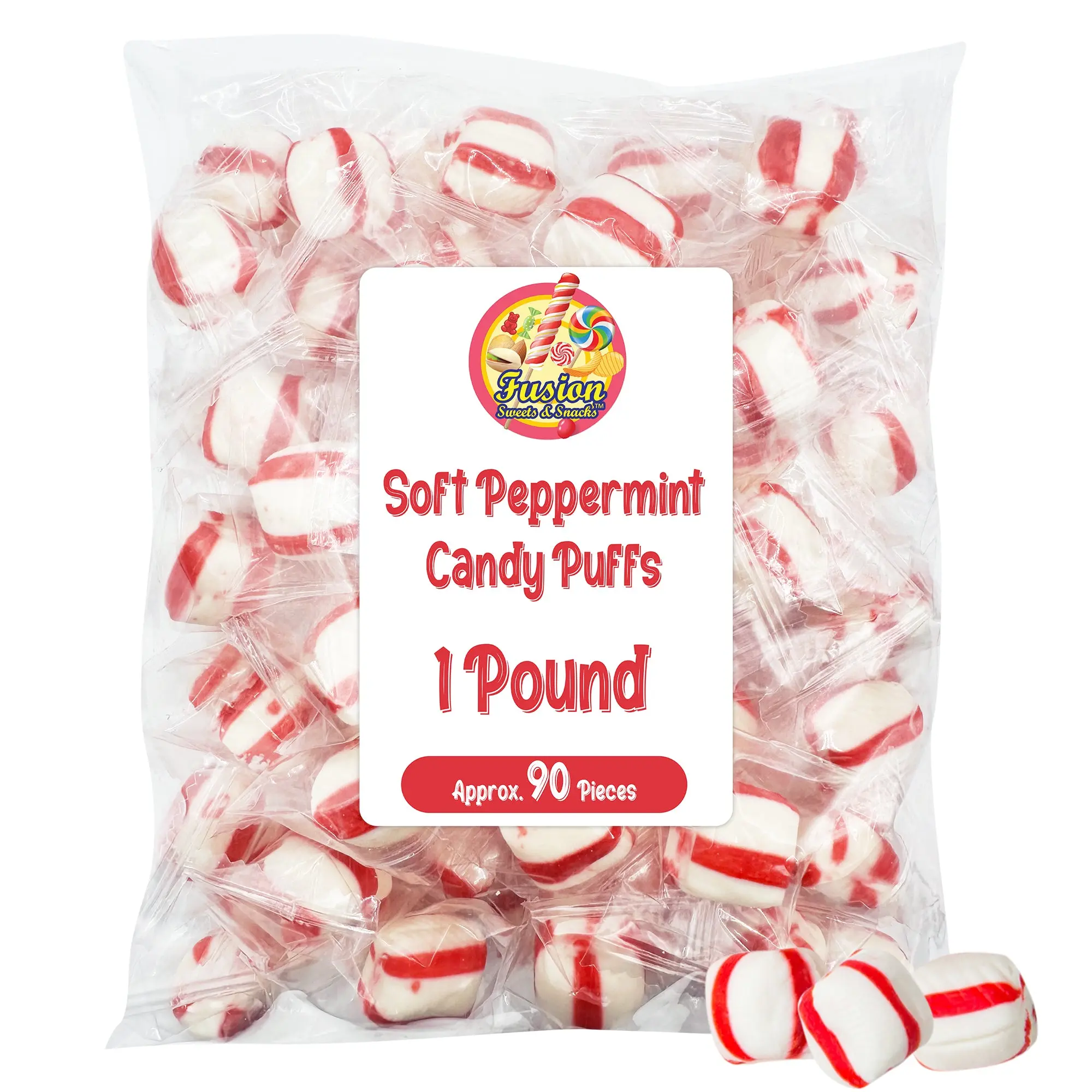 Soft Peppermint Puff Candies - 1 lb Bag, Individually Wrapped Bulk Snack Candies for Birthday, Movie Night