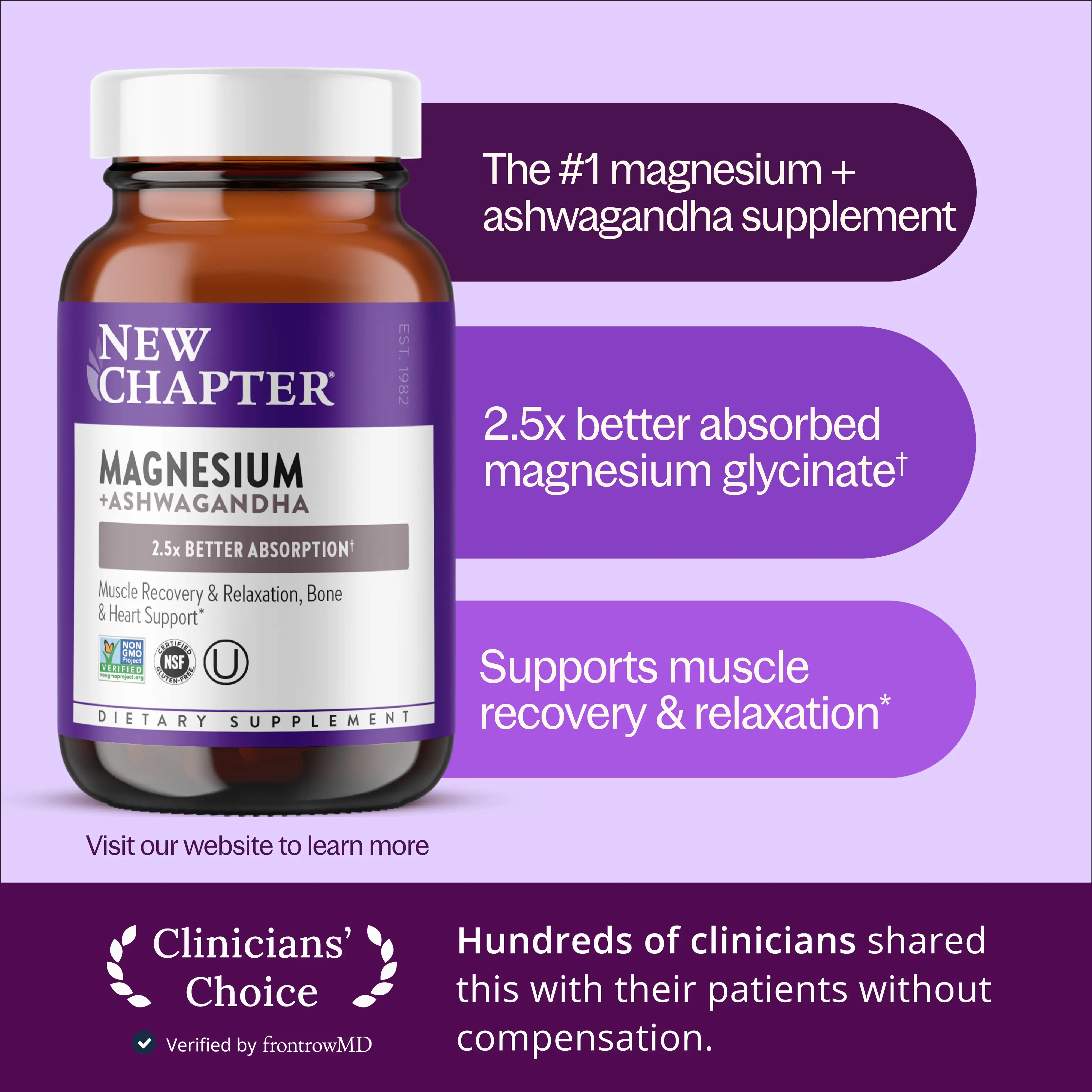 New Chapter Magnesium + Ashwagandha Supplement | 325 mg Magnesium Glycinate, 2.5x Absorption, Muscle Recovery, Heart, Bone Health & Relaxation