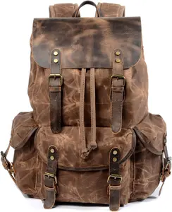WUDON Leather Backpack for Men, Waxed Canvas Shoulder Rucksack Carry-On Travel Backpack