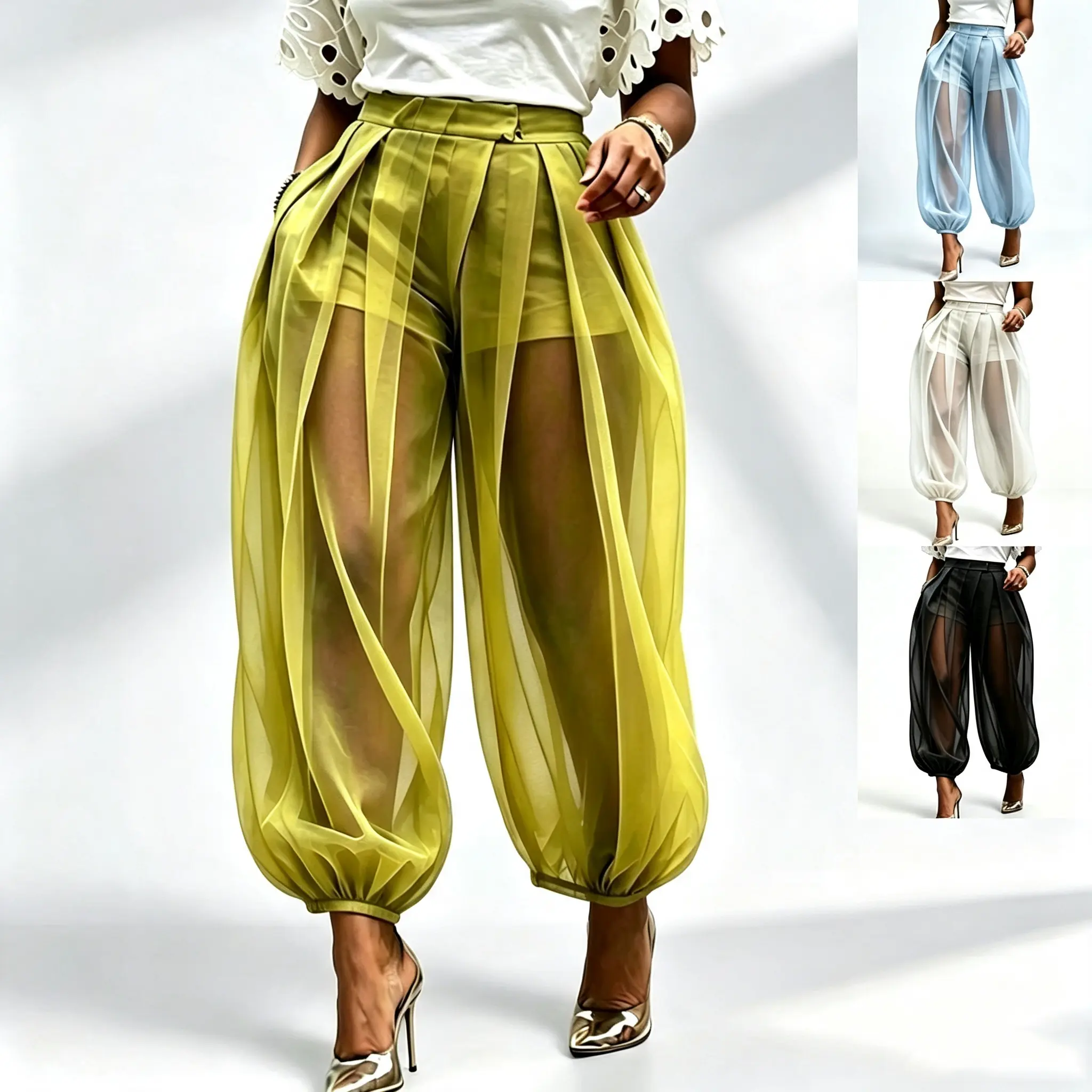 Women's Summer 4-Colors Sheer Mesh Balloon Pants - High Waist Oversized Baggy Harem Beach Cover Up with Built-in Shorts, Chic Casual Plain Basics Apparel for Vacation Holiday Womenswear Green Minimalist, Preppy, Retro Button Bikini