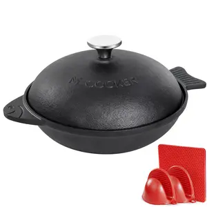 MGKKT 6.4 Qt Cast Iron Dutch Oven with Lid - Shallow Braising Pan, Heat-Resistant Caps, Oven-Safe up to 500°F Casserole, Outdoor Cooking Supplies, Heat-Resistant Pots