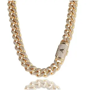 [ICE HUE] 18K Gold Vacuum Plated Copper 5A+ Sri Lanka Zircon Number Clasp 12mm Cuban Necklace, Miami-Italy-Mexico & Micro Inspired, Unisex Luxury Gold Jewelry, Daily Wear & Gift Idea, Chicano Classic Hip Hop Simple Sporty Style,summervibes