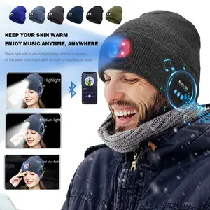 Bluetooth Beanie with Light, HD Stereo Sound, USB Rechargeable Headlamp for Hiking Fishing, LED Fashlight Hat with Cordless Headphones, Gift for Men Women Teen