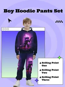 Boys' Enderman Warrior 3D Digital Print Hoodie Sweatpants Set, Casual Slim-Fitting Long Sleeve, Spring & Fall Fashion