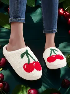 Cute Fruit Cherry Embroidered Plush Slippers, Comfortable White Indoor Home Shoes, Fashionable All-season Wear