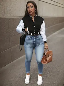Women's Colorblock Basic Jacket Long Sleeve Spring & Fall Casual Fitted Plain Baseball Coat, Single Button Letter Design Sport Outerwear, Womenswear