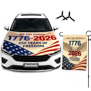 Vintage American Flag Car Hood Cover & Double Sided Burlap Garden Flag Bundle - With Reinforced Triangle Clips - Fits SUV Truck Sedan -USA 250th Anniversary, 4th of July, Independence Day- Patriotic Eagle Decor - We The People Commemorative Edition