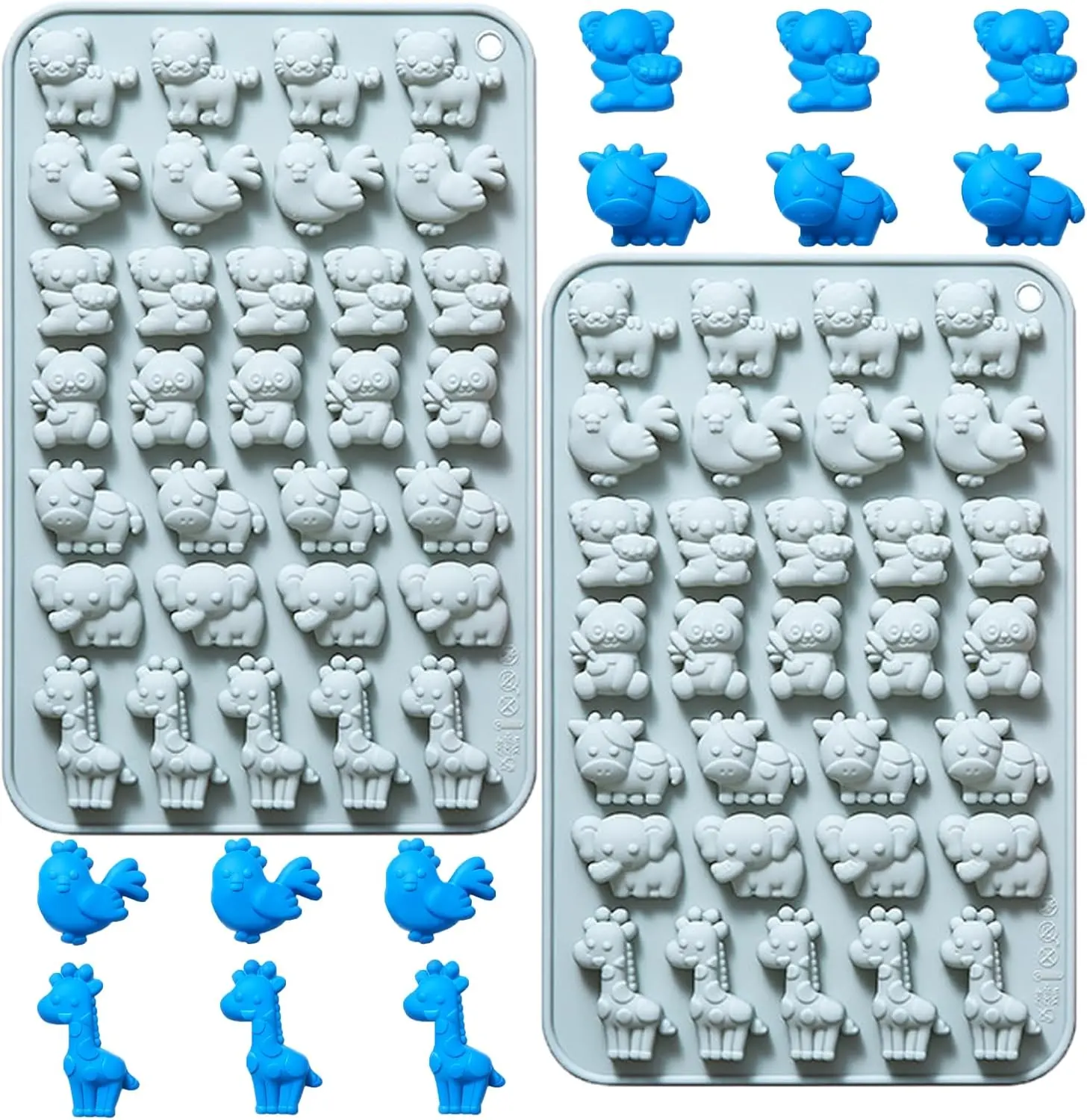 Reusable Flexible Silicone Mini Animal Molds Set of 2 - Tiger, Chicken, Panda, Koala, Cow, Elephant, Giraffe Designs - Cow-Shaped Baking Tray for Chocolate, Desserts, Ice Cubes