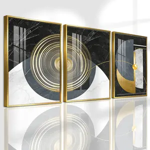 3 Counts Aluminum Alloy Framed Painting, Geometric Abstract Gold And Marble Art, Home Decoration For Living Room, Bedroom, Office, Restaurant, Hallway Wall Decor, Odorless Print Artwork, Luxury Perfect Gift For Friends And Family