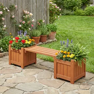 Solid Wood Planter Bench, 42" Mini Outdoor Flower Box with 2 Integrated Planter Beds and 24" Seat, Natural Garden Bench for Patio, Porch, Balcony or Yard