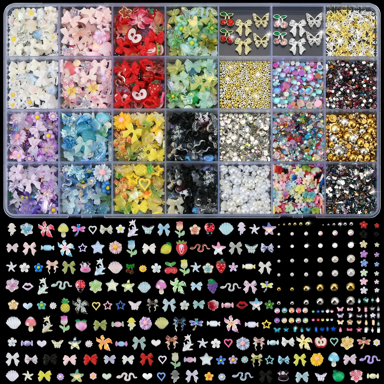 Cross-Border Nail Art Box, Nail Art Products, Bow Heart Small Flower Star Wearable Nails Ear Studs Phone Case Handmade Accessory Materials Include Pen and Tweezers Nail Art Set