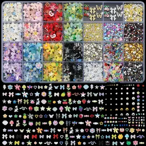 Cross-Border Trendy Nail Art Box Bow Heart Small Flower Star Wearable Nails Ear Studs Phone Case Handmade Accessory Materials Include Pen and Tweezers Nail Art Stickers