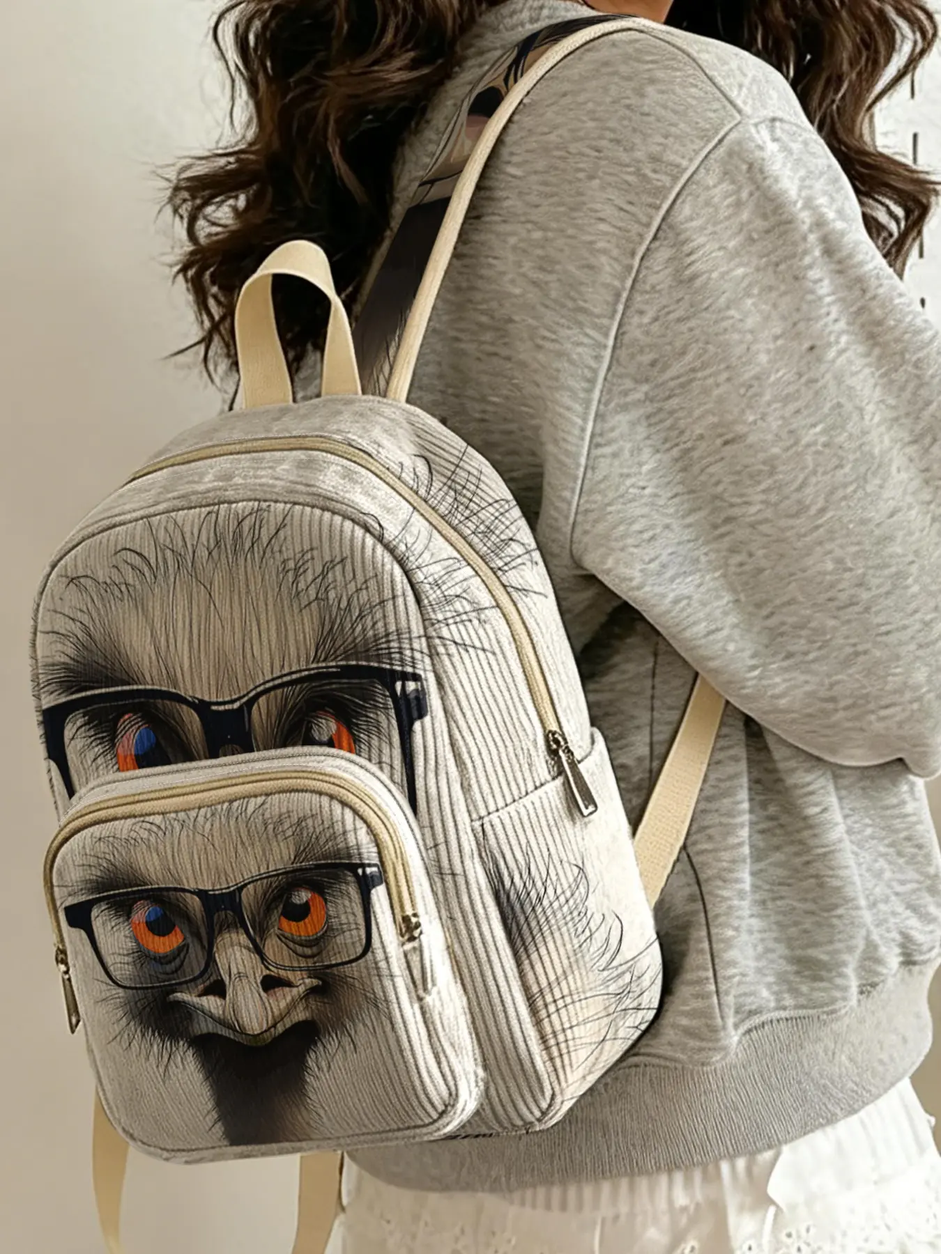 1 piece of 2D printed ladies' backpack with glasses-wearing bird pattern, velvet texture + layered storage + lightweight and easy to carry|Perfect for students going to class/shopping/short trips|Combines atmosphere with practicality