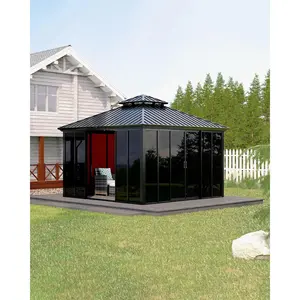 12x12 ft Hardtop Gazebo Sunroom, All-Season Outdoor Room with Aluminum Frame, Enclosed Patio Solarium with Polycarbonate Sliding Doors & Double Roof for Backyard, Deck & Hot Tub Enclosure