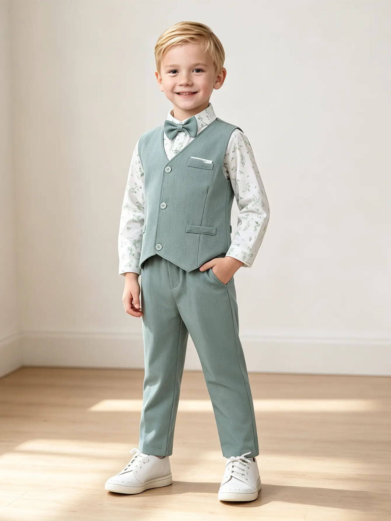 Toddler Boy Gentleman Set Suit - Toddler Tuxedo with Elastane, Cuff Sleeve Floral Print Shirt, Vest, Bow Tie, Suspender Pants for Pageants, Wedding, Baptism Formal Party Outfits, Long Sleeve