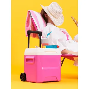 1 Piece 16 QT Ice Chest Cooler - Wheeled, Locking Telescoping Handle, Curved Body, Pink - Includes 1 Cooler - Ideal For Road Trips, Picnics & Outdoor Events