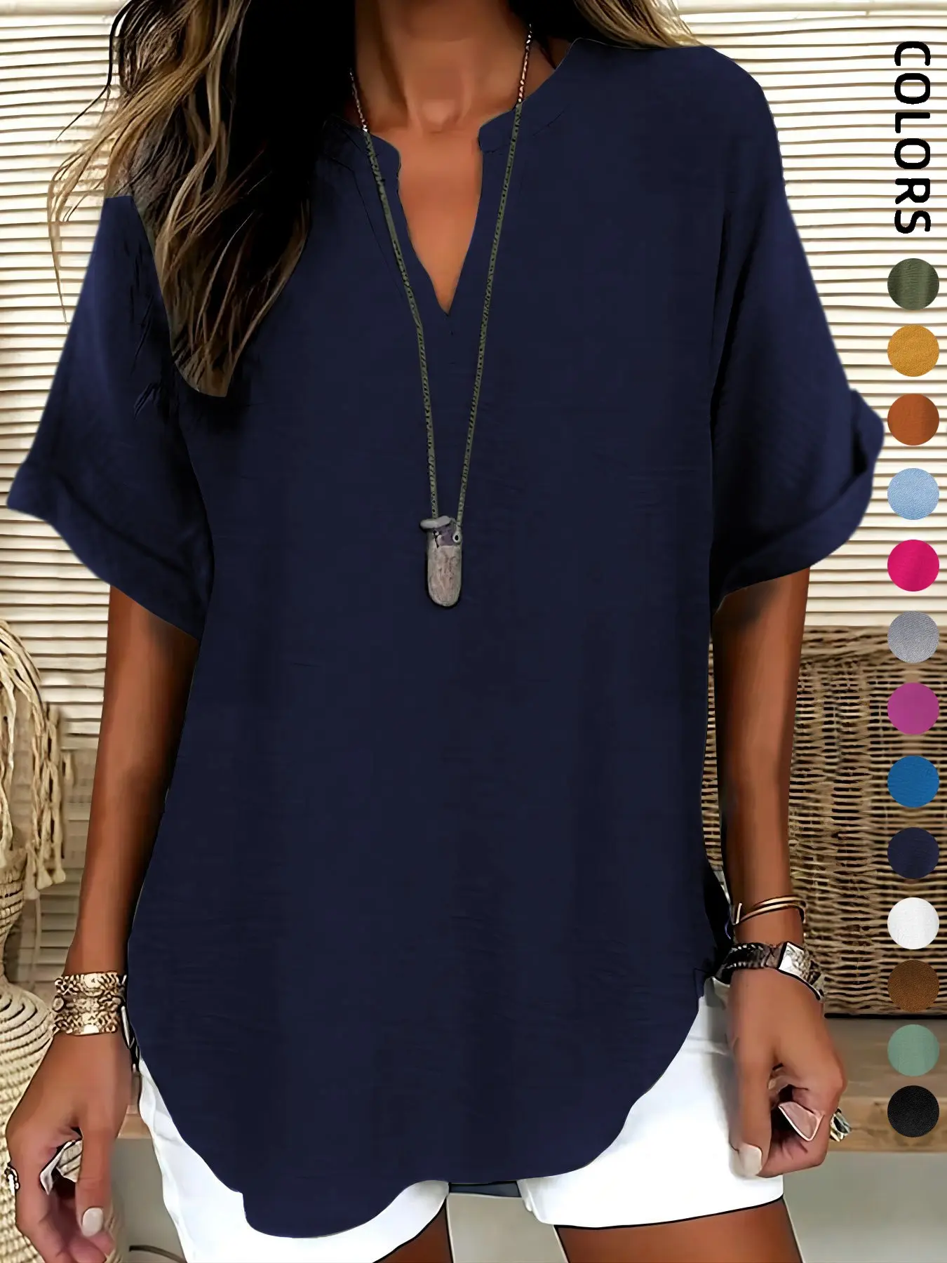 Women's Simple Basic Vintage Elegance Solid V-Neck Short Sleeve Batwing Shirt Blouses, Casual Loose-Fitting Lightweight Pullover, 100% Polyester, All Seasons Fashion Top Minimalist