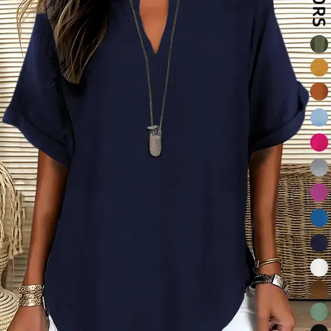 【Black Friday】Women's Solid Notched V-Neck Blouse with Short Sleeves, Casual Loose-Fit Lightweight Pullover Made from 100% Polyester, Minimalist Top for Daily and Year-Round Wear
