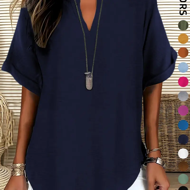 【Black Friday】Women's Solid Notched V-Neck Blouse with Short Sleeves, Casual Loose-Fit Lightweight Pullover Made from 100% Polyester, Minimalist Top for Daily and Year-Round Wear