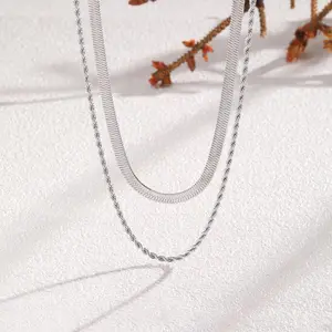 Trendy 2Pcs 3mm Chain Necklace for Men Layered 14K Silver Plated Cuban Link Rope Necklaces Set Simple Jewelry