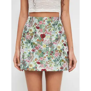Cider Jacquard Mid Rise Floral Zipper Mini Skirt