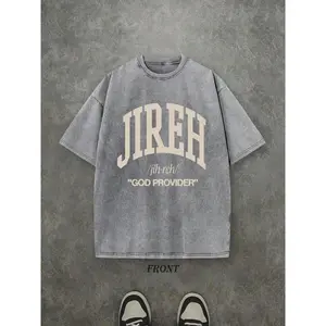 Retro Washed Pure T-Shirt, "JIREH GOD PROVIDER" Letter Graphic Single Side Print, Christian Faith Gift, Men Casual Street Style Tee