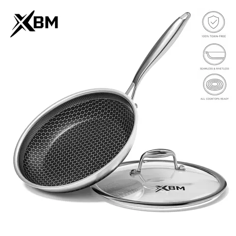 XBM Hybrid Nonstick Skillet - 3-Layer Stainless Steel Pans & Woks, PTFE/PFOA-Free Ceramic Nonstick Surface, 1-Wipe Smooth Base, Stay-Cool Handle, Tempered Glass Lid, Induction Safe, 500°F Oven-Safe, Metal-Tool Ready Cookware Set,familyfun