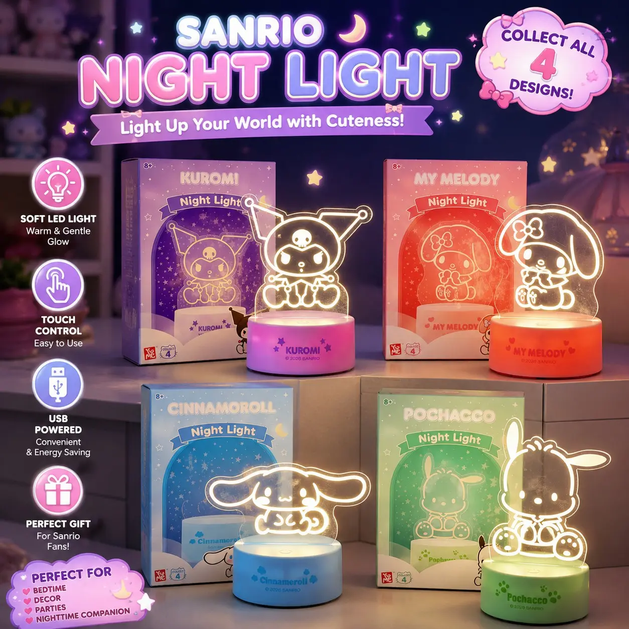 Sanrio Kuromi Cinnamoroll LED Night Light, Led Mood Light, Kawaii My Melody Pochacco Desk Lamp, Anime Room Decor, Decorative Gentle Lamp, Led Decoration Lamp, USB & Battery Powered, Graduation Birthday Gift