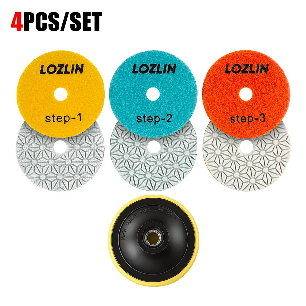LOZLIN 4PCS/Set 4" Diamond Polishing Pads 3-Step Water-Worn Wet - for Granite, Marble, Stone, Concrete - Sharp Flexible Sanding Disc for Angle Grinder/Polisher Tool summervibes Abrasive Discs