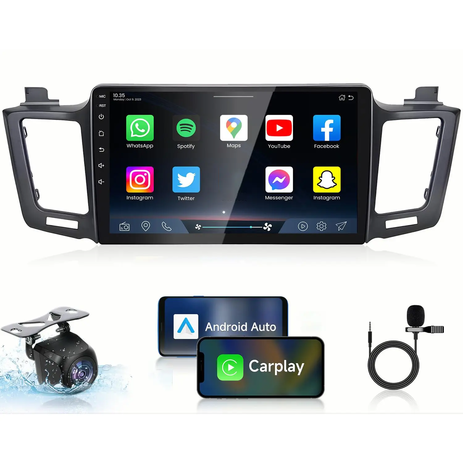 10-inch Android Touchscreen In-Car Audio Head Unit for Toyota RAV4 2013-2018, 4-Core 2GB/4GB+64GB with Wireless CarPlay, Wireless Sync, Android Auto, FM/RDS Radio, Mirror Link, 170° Night Vision Front & Rear Backup Camera Input