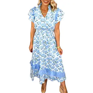 Znacicc Sky Blue Hydrangea Floral Print Long Dress Ruffle Trim Flutter Sleeve Elegant Summer Dress for Women Boho Chic Vintage Vibe Flowy Comfortable Fabric Casual Womenswear