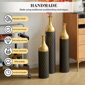 3-Piece Handcrafted Metal Floor Vase Set, Black & Gold Honeycomb Pattern Vases (24.8"/30.31"/34.25") for Living Room Entryway, Modern Glam Decor for Pampas Grass & Dried Flowers