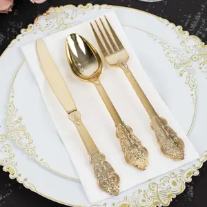 24 Pcs Plastic Silverware Set Metallic Gold in Baroque Style - Heavy Duty Disposable Knife, Fork, and Spoon Set