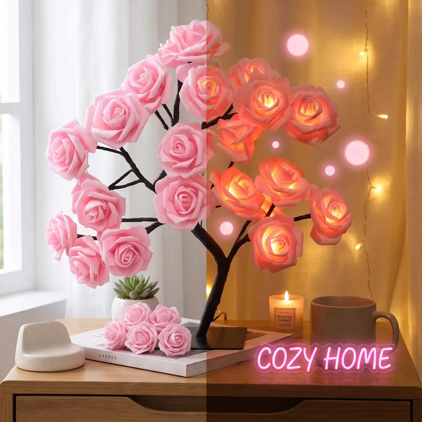Rose Flower Design Tree Night Light, USB & Moblie Lights, USB Powered Table Lamp, Versatile Indoor Room Lights for Bedroom, Holiday Decorative Lights, Perfect Valentine's Day Gift & Home Decor, Nightlight For Bedroom, Mother's Day Gift