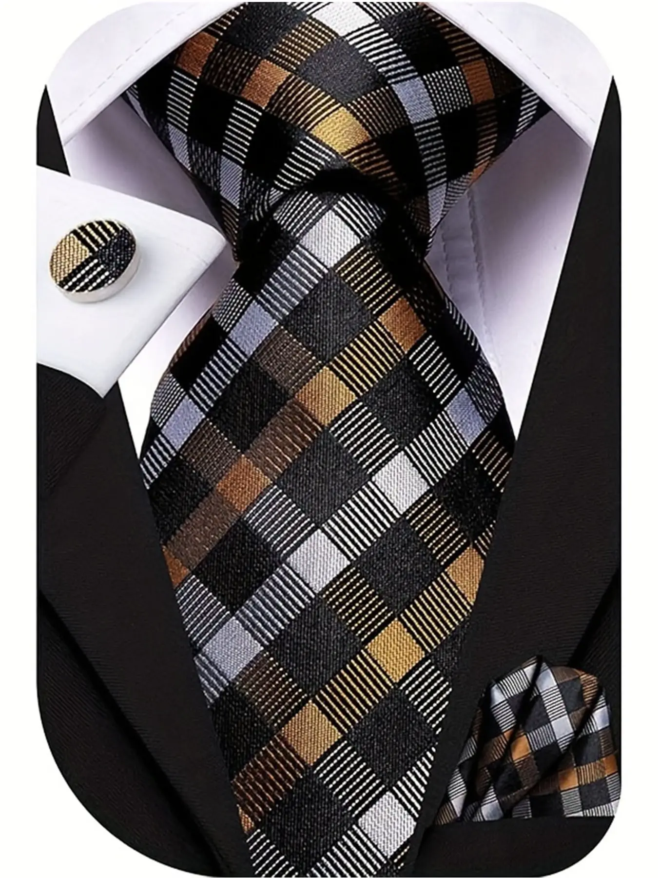 Men's Plaid Tie Design Set with Striped Necktie, Elegant Regular Width Tie, Includes Buttonhole and Square Pocket, All Seasons Wear